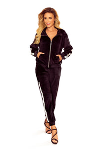 Numoco 326-2 Velor tracksuit with stripes and a decorative zipper - black