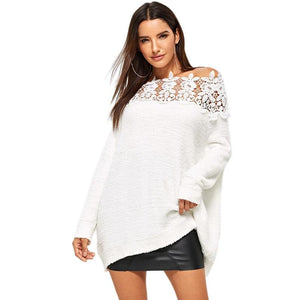 White Floral Lace Insert Sweater