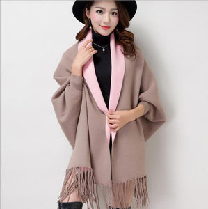 Cashmere Tassel Batwing Sleeve Scarf Cape