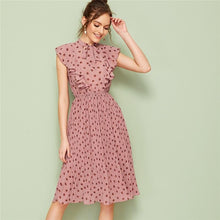 Charger l&#39;image dans la galerie, Pink Tie Neck Ruffle Trim Dot Pleated Fit and Flare Empire Dresses