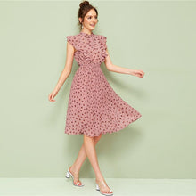 Charger l&#39;image dans la galerie, Pink Tie Neck Ruffle Trim Dot Pleated Fit and Flare Empire Dresses