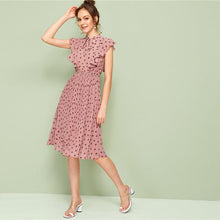 Charger l&#39;image dans la galerie, Pink Tie Neck Ruffle Trim Dot Pleated Fit and Flare Empire Dresses