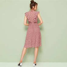 Charger l&#39;image dans la galerie, Pink Tie Neck Ruffle Trim Dot Pleated Fit and Flare Empire Dresses