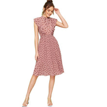 Charger l&#39;image dans la galerie, Pink Tie Neck Ruffle Trim Dot Pleated Fit and Flare Empire Dresses