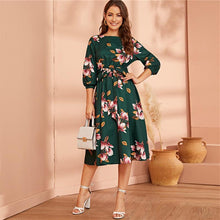 Charger l&#39;image dans la galerie, Green Abaya Elastic Waist Belted Floral High Waist Dress