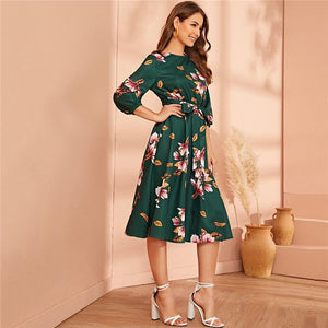 Green Abaya Elastic Waist Belted Floral High Waist Dress