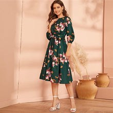 Charger l&#39;image dans la galerie, Green Abaya Elastic Waist Belted Floral High Waist Dress