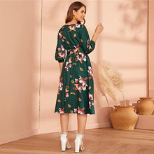 Charger l&#39;image dans la galerie, Green Abaya Elastic Waist Belted Floral High Waist Dress