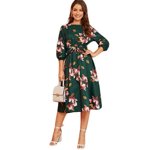 Green Abaya Elastic Waist Belted Floral High Waist Dress