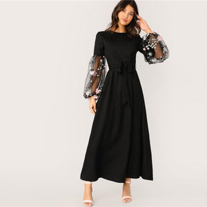 Flower Applique Mesh Lantern Sleeve Belted Dress