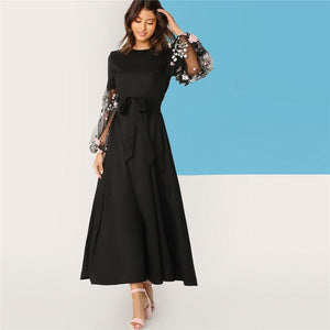 Flower Applique Mesh Lantern Sleeve Belted Dress