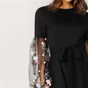 Flower Applique Mesh Lantern Sleeve Belted Dress