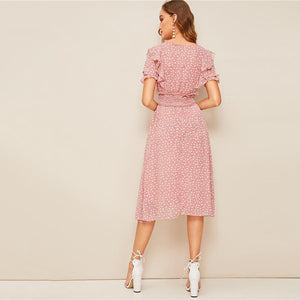 Pink Ruffle Trim Puff Sleeve Shirred Waist Fit and Flare Dress