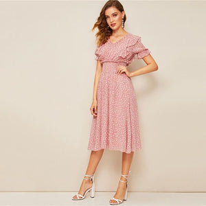 Pink Ruffle Trim Puff Sleeve Shirred Waist Fit and Flare Dress