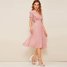 Charger l&#39;image dans la galerie, Pink Ruffle Trim Puff Sleeve Shirred Waist Fit and Flare Dress