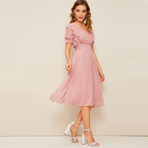 Pink Ruffle Trim Puff Sleeve Shirred Waist Fit and Flare Dress