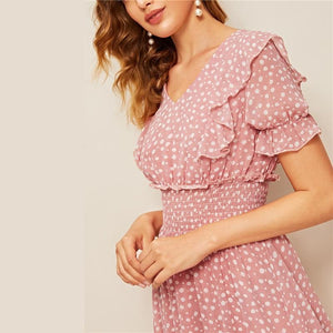 Pink Ruffle Trim Puff Sleeve Shirred Waist Fit and Flare Dress