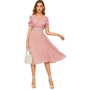 Pink Ruffle Trim Puff Sleeve Shirred Waist Fit and Flare Dress