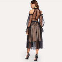 Charger l&#39;image dans la galerie, Black Cold Shoulder Lace Yoke Dot Mesh Ruffle Dress