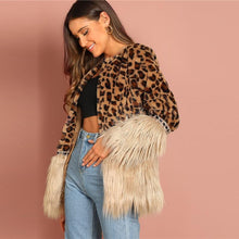 Load image into Gallery viewer, Contrast Faux Fur Leopard Long Sleeve Coat
