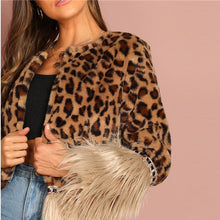 Load image into Gallery viewer, Contrast Faux Fur Leopard Long Sleeve Coat