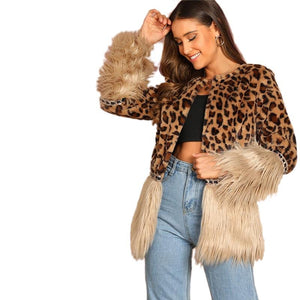 Contrast Faux Fur Leopard Long Sleeve Coat