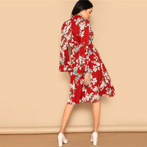 Ruffle Detail Bell Sleeve Red Flower Print Dress