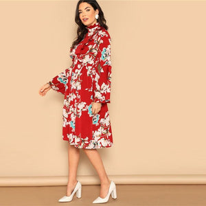 Ruffle Detail Bell Sleeve Red Flower Print Dress