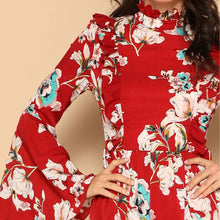 Charger l&#39;image dans la galerie, Ruffle Detail Bell Sleeve Red Flower Print Dress