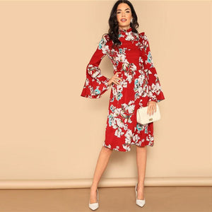 Ruffle Detail Bell Sleeve Red Flower Print Dress