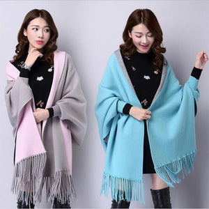 Cashmere Tassel Batwing Sleeve Scarf Cape