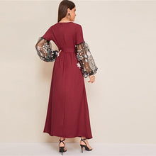 Charger l&#39;image dans la galerie, Flower Applique Mesh Lantern Sleeve Belted Dress