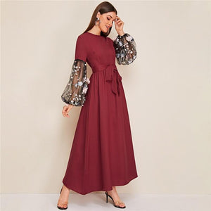 Flower Applique Mesh Lantern Sleeve Belted Dress