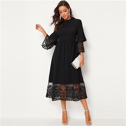 Embroidered Mesh Pleated Layered Flounce Sleeve Dress