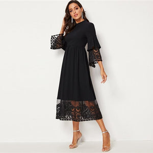 Embroidered Mesh Pleated Layered Flounce Sleeve Dress