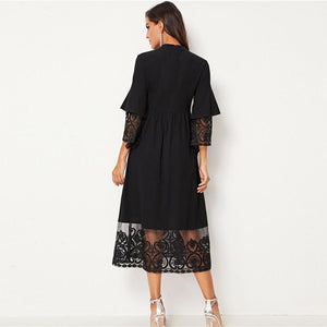 Embroidered Mesh Pleated Layered Flounce Sleeve Dress