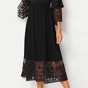 Embroidered Mesh Pleated Layered Flounce Sleeve Dress