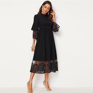 Embroidered Mesh Pleated Layered Flounce Sleeve Dress