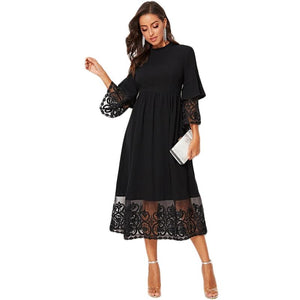 Embroidered Mesh Pleated Layered Flounce Sleeve Dress