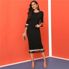 Charger l&#39;image dans la galerie, Black Sequin Detail Half Sleeve Tassel Slit Hem Pencil Dress