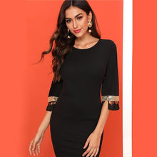 Charger l&#39;image dans la galerie, Black Sequin Detail Half Sleeve Tassel Slit Hem Pencil Dress