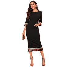 Charger l&#39;image dans la galerie, Black Sequin Detail Half Sleeve Tassel Slit Hem Pencil Dress