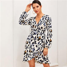 Load image into Gallery viewer, Leopard Print Ruffle Trim Self Tie Wrap Dress