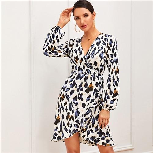 Leopard Print Ruffle Trim Self Tie Wrap Dress