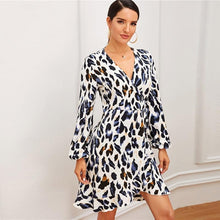 Load image into Gallery viewer, Leopard Print Ruffle Trim Self Tie Wrap Dress