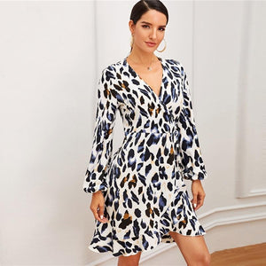 Leopard Print Ruffle Trim Self Tie Wrap Dress