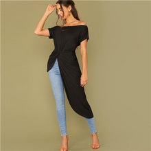 Load image into Gallery viewer, Black Off Shoulder Twist Front Asymmetrical Hem Bardot Top