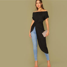 Load image into Gallery viewer, Black Off Shoulder Twist Front Asymmetrical Hem Bardot Top
