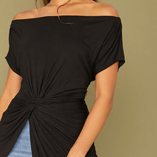 Load image into Gallery viewer, Black Off Shoulder Twist Front Asymmetrical Hem Bardot Top