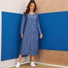 Charger l&#39;image dans la galerie, Blue Abaya Pearls Beaded Split Hem Denim Hoodie Dress